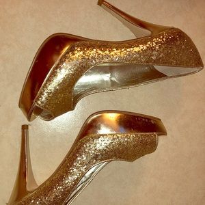 Guess Gold Glitter Peeptoe Platform Pumps